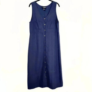 In Focus Women’s Vintage Dress Blue Midi Shift Button Down Size Petite Large
